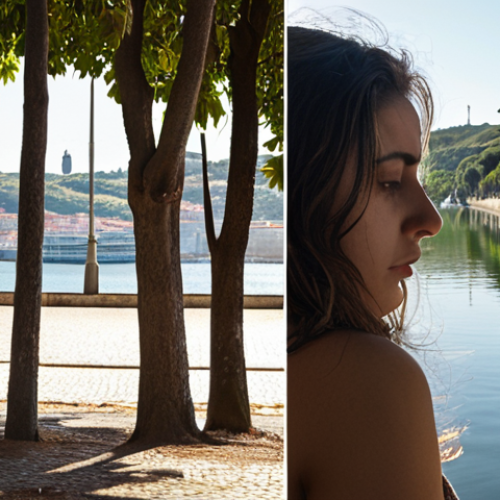 Home 6 **Prompt:** A split image or seamless transition. On one side, a young woman in an urban setting (e.g., reflecting elements of a busy Lisbon or São Paulo cityscape), looking stressed and surrounded by blurred, glowing digital screens (laptop, phone). On the other side, the same woman walking calmly and deeply breathing in a serene Portuguese natural landscape, such as a lush park with old trees or a coastal path overlooking the Tagus River (Tejo). The atmosphere on the natural side should convey peace, clarity, and renewed energy, with soft sunlight filtering through leaves or reflecting off water, emphasizing a sense of relief from digital exhaustion. Hyperrealistic, rich detail, natural light.