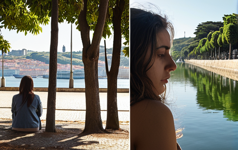 **Prompt:** A split image or seamless transition. On one side, a young woman in an urban setting (e.g., reflecting elements of a busy Lisbon or São Paulo cityscape), looking stressed and surrounded by blurred, glowing digital screens (laptop, phone). On the other side, the same woman walking calmly and deeply breathing in a serene Portuguese natural landscape, such as a lush park with old trees or a coastal path overlooking the Tagus River (Tejo). The atmosphere on the natural side should convey peace, clarity, and renewed energy, with soft sunlight filtering through leaves or reflecting off water, emphasizing a sense of relief from digital exhaustion. Hyperrealistic, rich detail, natural light.
