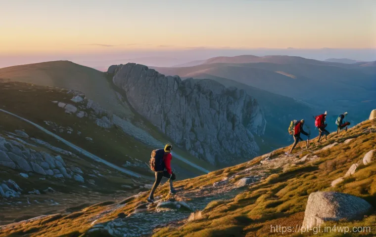 아웃도어 테라피에서의 식사 계획 - **Prompt:** A dynamic, wide shot of a diverse group of hikers, approximately mid-20s to late 40s, en...