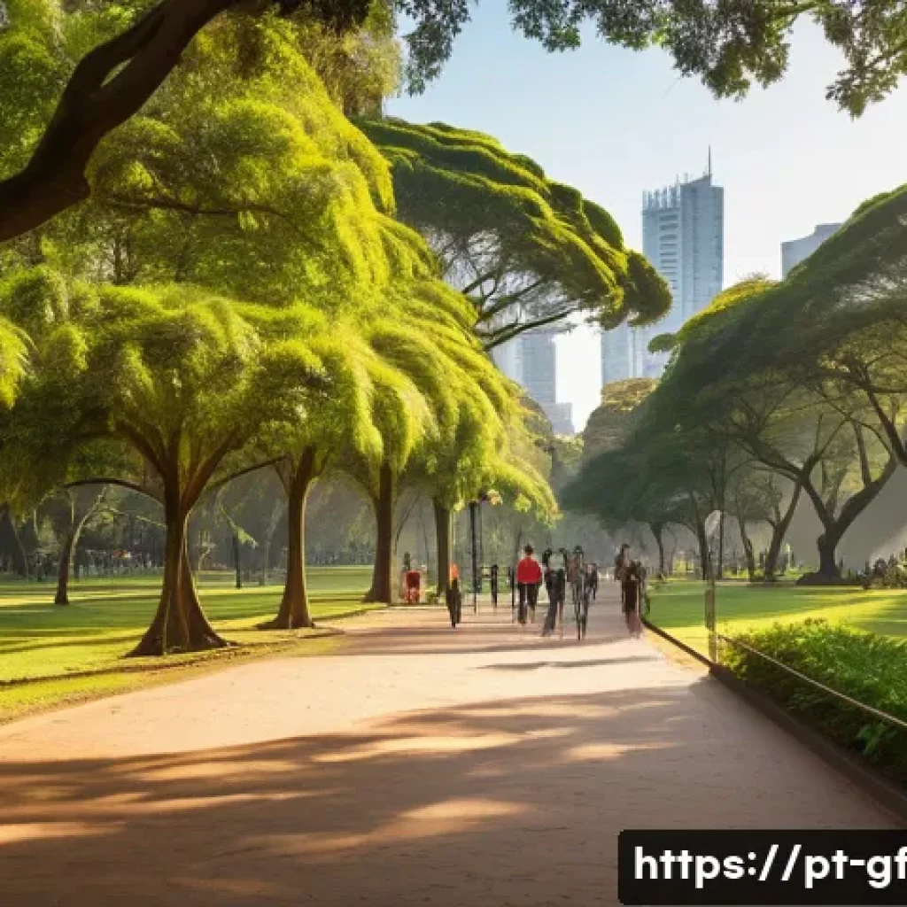 아웃도어 테라피와 도시 생활의 대조 - A serene urban park scene in São Paulo’s Ibirapuera Park during late afternoon, featuring diverse lu...
