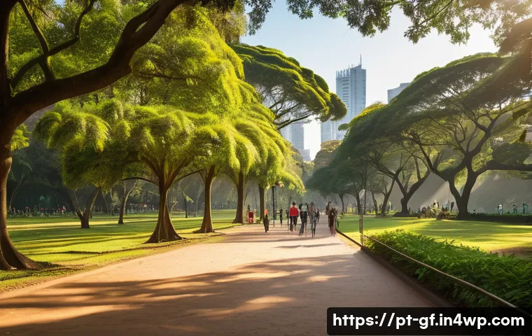 아웃도어 테라피와 도시 생활의 대조 - A serene urban park scene in São Paulo’s Ibirapuera Park during late afternoon, featuring diverse lu...