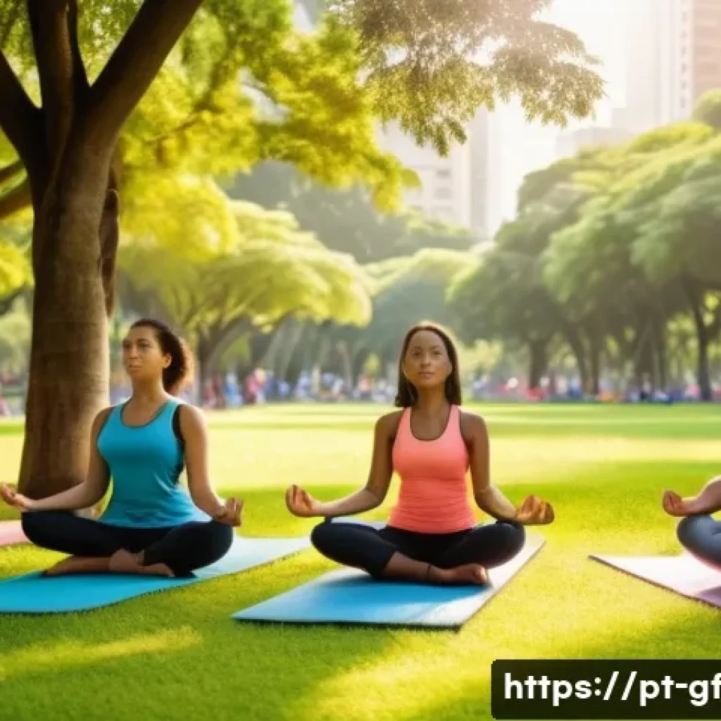 아웃도어 테라피와 정서 지능 - A serene urban park scene in Brazil during early morning light, featuring a diverse group of people ...