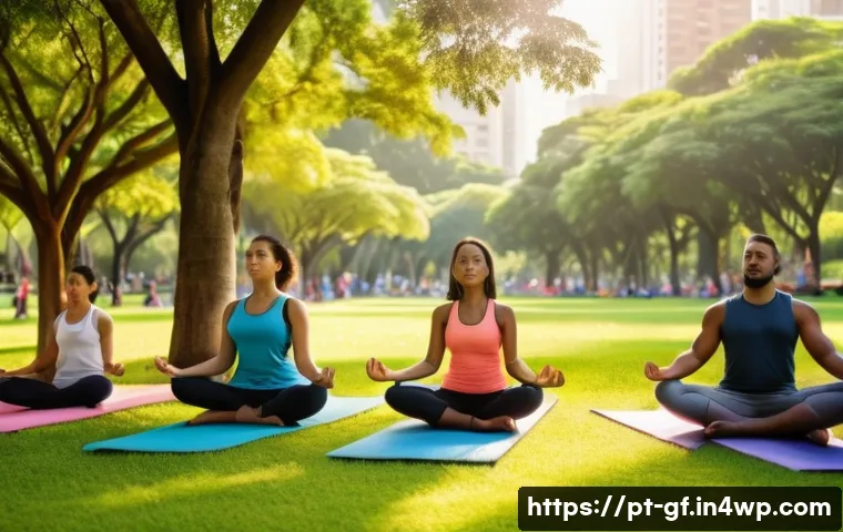 아웃도어 테라피와 정서 지능 - A serene urban park scene in Brazil during early morning light, featuring a diverse group of people ...