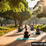 아웃도어 테라피로 네트워크 구축하기 - A serene urban park scene in Brazil during golden hour, featuring diverse groups of people engaged i...