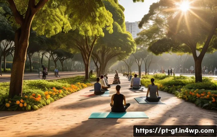 아웃도어 테라피로 네트워크 구축하기 - A serene urban park scene in Brazil during golden hour, featuring diverse groups of people engaged i...