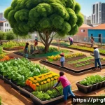 아웃도어 테라피와 지역 사회의 협력 - A vibrant urban community garden scene in a Brazilian neighborhood, showing diverse residents collab...