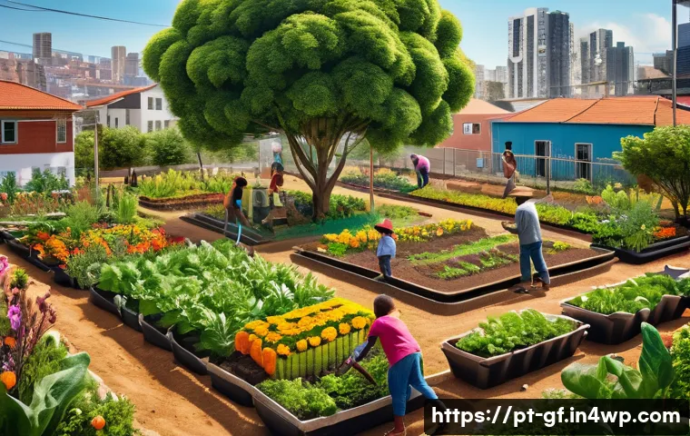 아웃도어 테라피와 지역 사회의 협력 - A vibrant urban community garden scene in a Brazilian neighborhood, showing diverse residents collab...