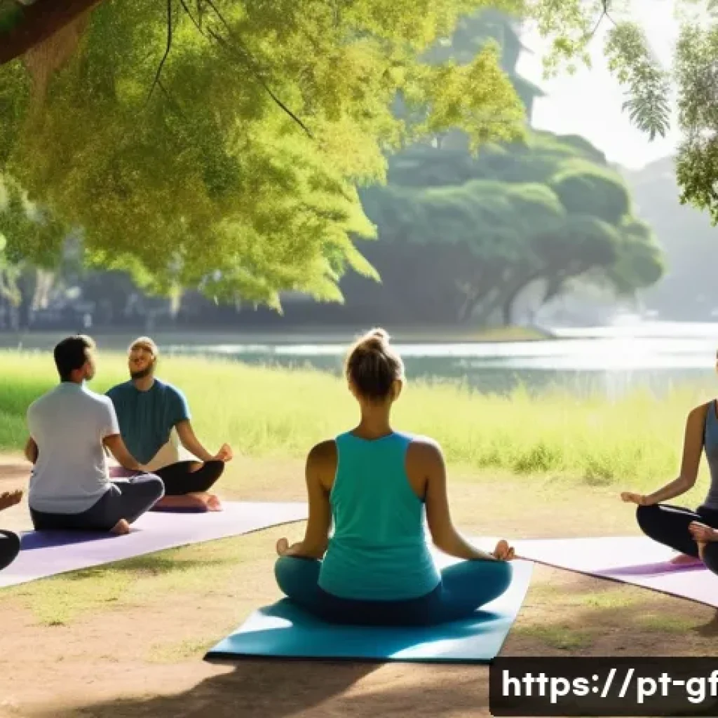 아웃도어 테라피의 심리적 기초 - A serene outdoor therapy scene in a lush urban park in Brazil, featuring a diverse group of adults e...