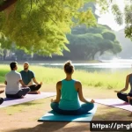 아웃도어 테라피의 심리적 기초 - A serene outdoor therapy scene in a lush urban park in Brazil, featuring a diverse group of adults e...