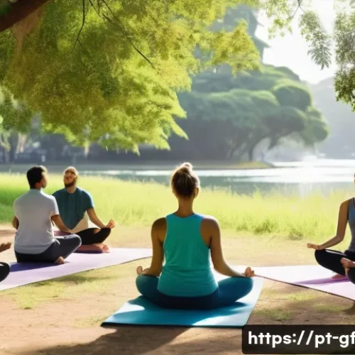 아웃도어 테라피의 심리적 기초 - A serene outdoor therapy scene in a lush urban park in Brazil, featuring a diverse group of adults e...
