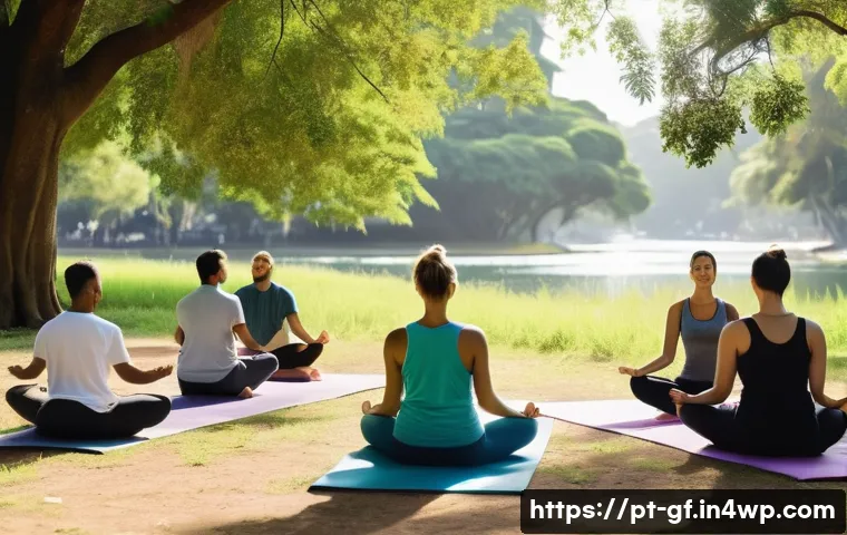 아웃도어 테라피의 심리적 기초 - A serene outdoor therapy scene in a lush urban park in Brazil, featuring a diverse group of adults e...