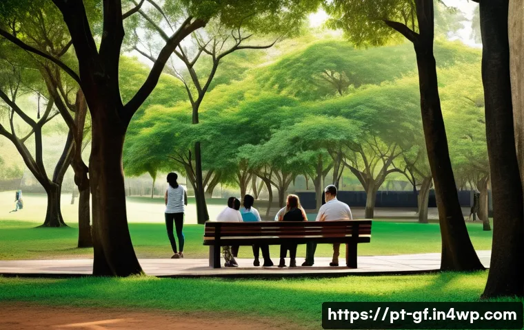 아웃도어 테라피의 대안적 접근법 - A serene outdoor therapy session in a lush urban park in Brazil, featuring a diverse group of adults...