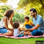 아웃도어 테라피로 아이들과의 소통 늘리기 - A cheerful scene of a diverse family enjoying a sunny day at a lush urban park in Brazil, children w...