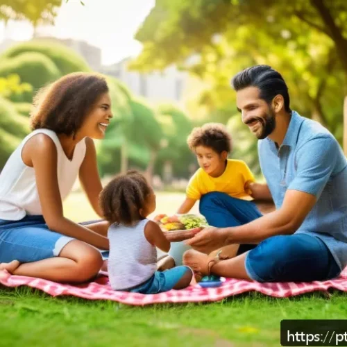 아웃도어 테라피로 아이들과의 소통 늘리기 - A cheerful scene of a diverse family enjoying a sunny day at a lush urban park in Brazil, children w...
