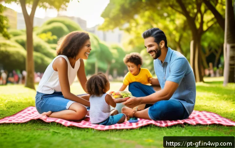 아웃도어 테라피로 아이들과의 소통 늘리기 - A cheerful scene of a diverse family enjoying a sunny day at a lush urban park in Brazil, children w...